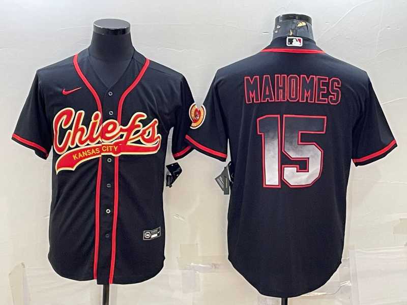 Men%27s Kansas City Chiefs #15 Patrick Mahomes Black Gold With Patch Smoke Cool Base Stitched Baseball Jersey->kansas city chiefs->NFL Jersey